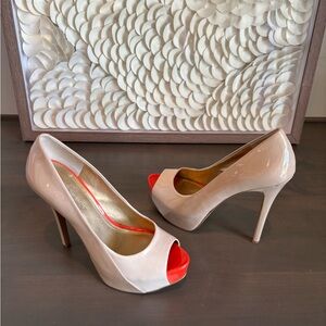 BCBGeneration Beige and Red Peep Toe Heels